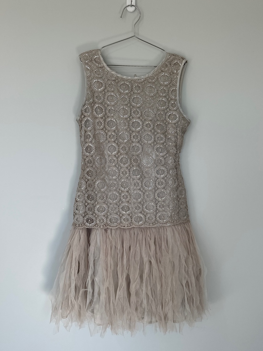 Girls' Lace Tulle fringe drop waist - “Biscotti” Dress - Champagne- Size 16